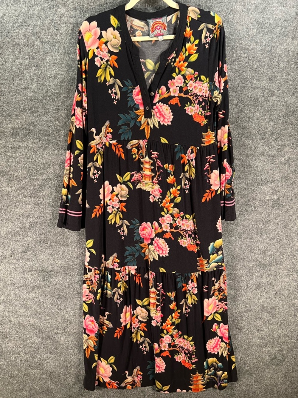 Johnny Was Janie Favorite Long Sleeve Tiered Henley Stretch Jersey Dress M Boho